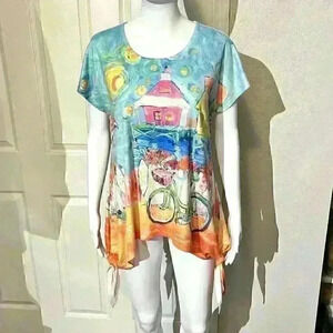 Leoma Lovegrove Womens Bicycle Beach Art Top Tunic Blouse Size PS Asymmetrical